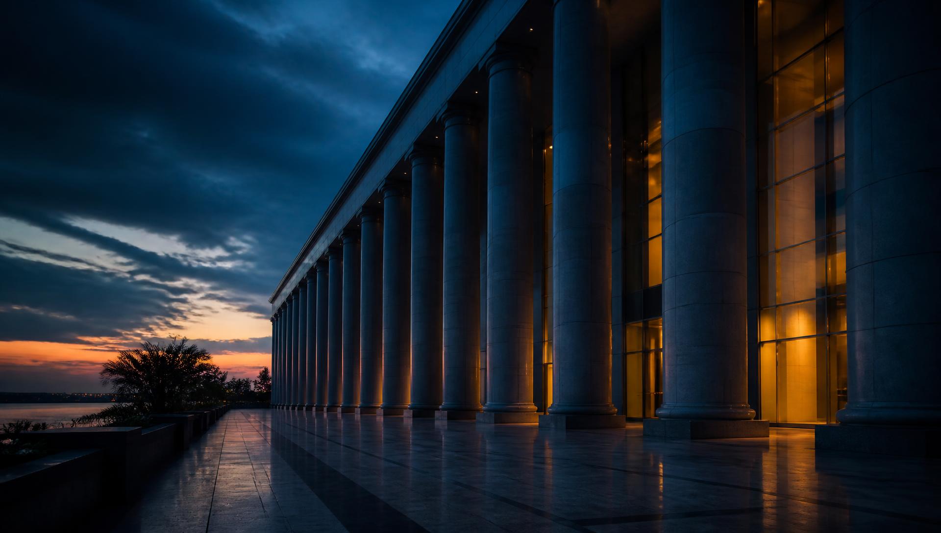 Columnata de un palacio de justicia al atardecer